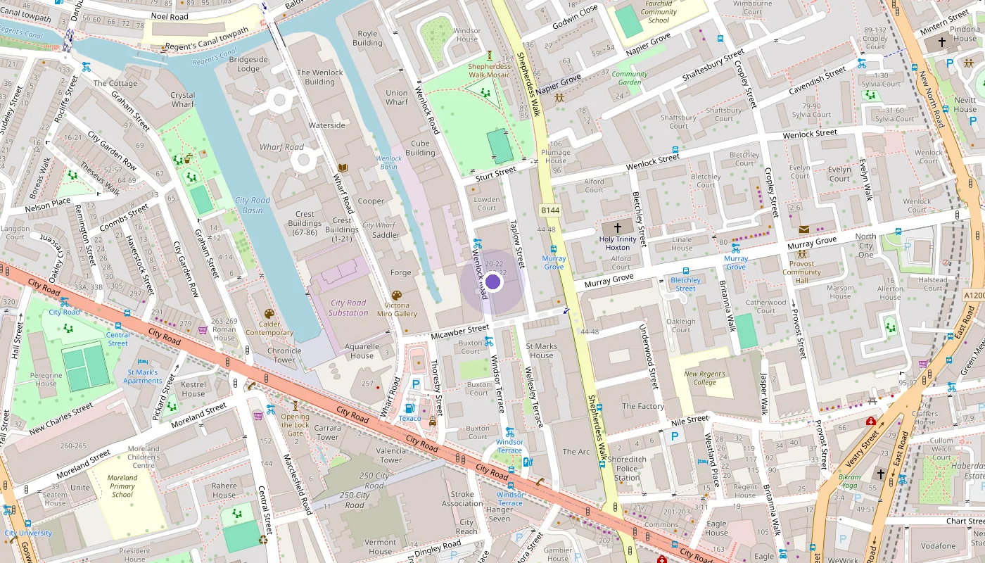 Street map of Hoxton, London. The Marrinn office is marked on Wenlock Road, just north of City Road and south of Regent's Canal.